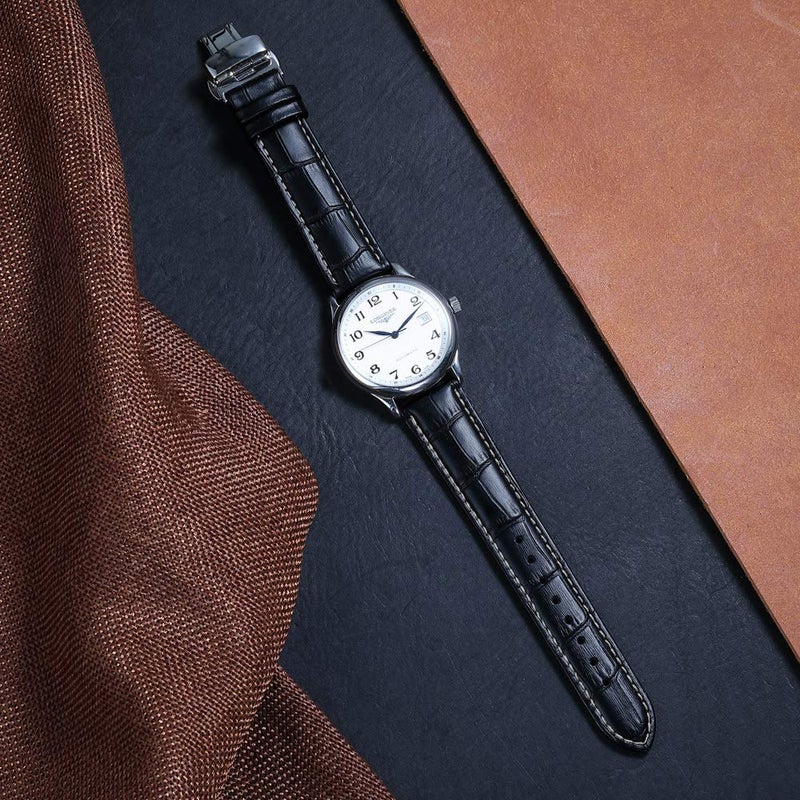 iStrap Leather Watch Band -Alligator Grain Embossed Pattern Calfskin Replacement Strap-Stainless Steel Deployment Buckle with Push Buttons-Bracelet for Men Women-18mm 19mm 20mm 21mm 22mm 24mm - Image 2